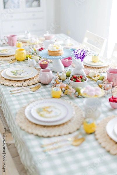Obraz Easter table set up with blue and pink colours