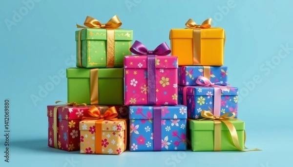 Fototapeta Colorful Gift Boxes Stacked on a Bright Blue Surface for Festive Celebrations and Special Occasions