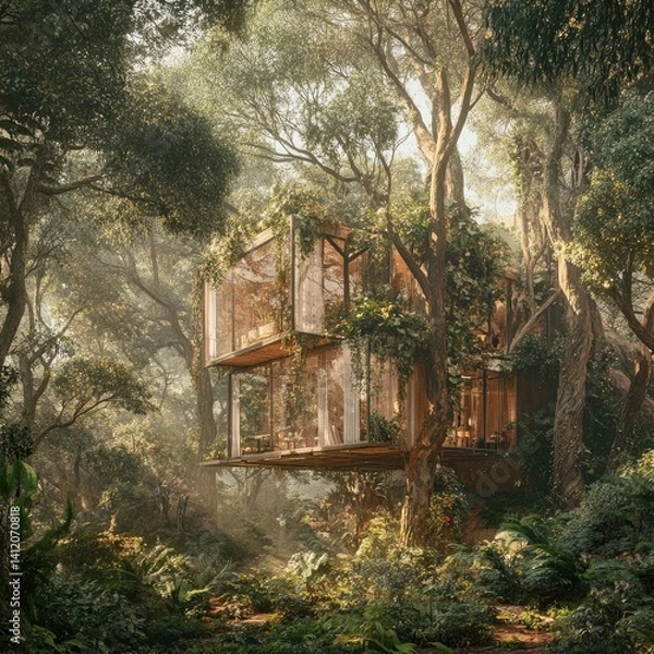 Obraz Modern, sustainable dwelling nestled within a lush forest.