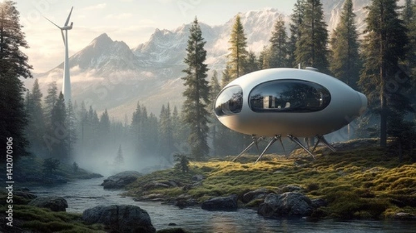 Obraz Futuristic, eco-friendly dwelling nestled in a serene mountain landscape.
