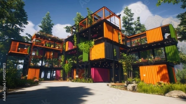 Fototapeta Colorful container homes nestled in a forested area.