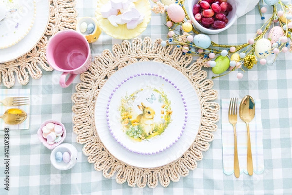 Fototapeta easter table setting with bunny plate