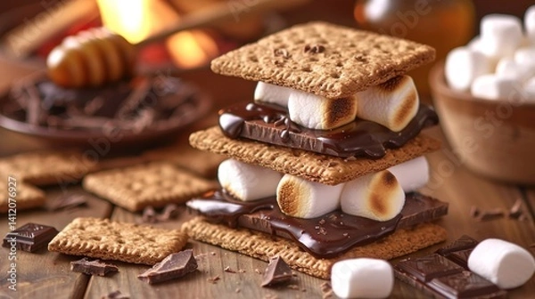 Obraz Delightful s'mores stacked high, ready to be enjoyed by the campfire at twilight