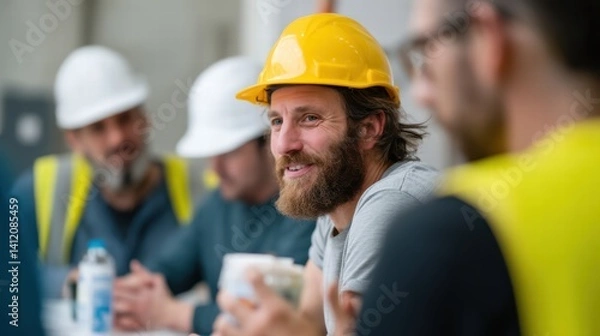 Fototapeta group of construction workers engaged in discussion, showcasing teamwork and camaraderie. scene highlights man wearing yellow hard hat, smiling and enjoying moment with colleagues