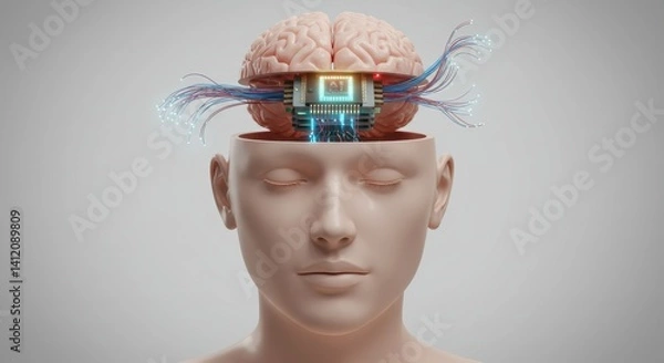 Fototapeta An artificial intelligence chip inside a human brain model.