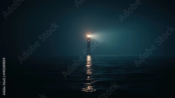 Fototapeta A lighthouse stands tall, flames illuminating the structure and surrounding waters. Its light pierces through the dark fog, providing a beacon for mariners navigating the treacherous coastline