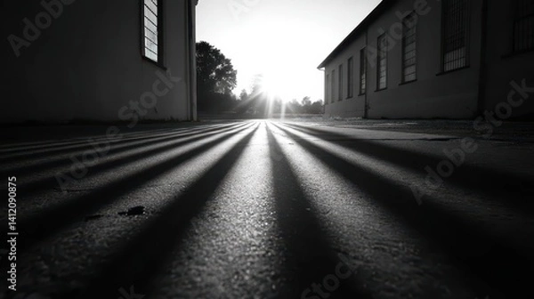 Fototapeta The ground is covered in deep shadows cast by long lines as the sun sets behind two buildings. A serene atmosphere envelops the space, creating a feeling of calm and solitude