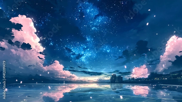 Obraz 夜空と星が映る水面と都市の幻想風景