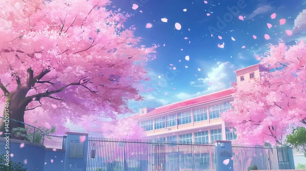 Obraz 桜が舞う春の学園風景