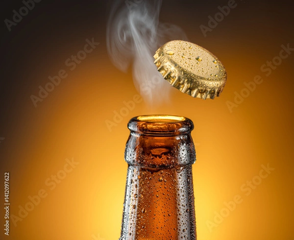 Fototapeta Opening beer bottle on brown background. Gas cloud going out of the beer bottle blowing away the crown cap.