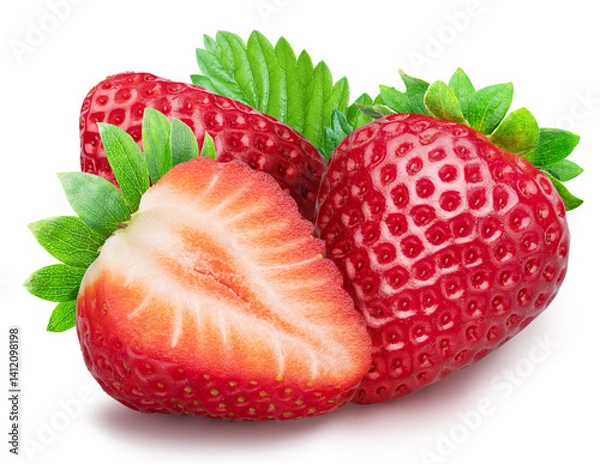 Fototapeta Strawberry with strawberries sliced half isolated on a white background.
