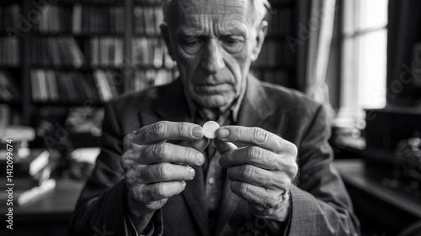 Fototapeta Elderly man examines a small coin in a library surrounded by books during daylight hours