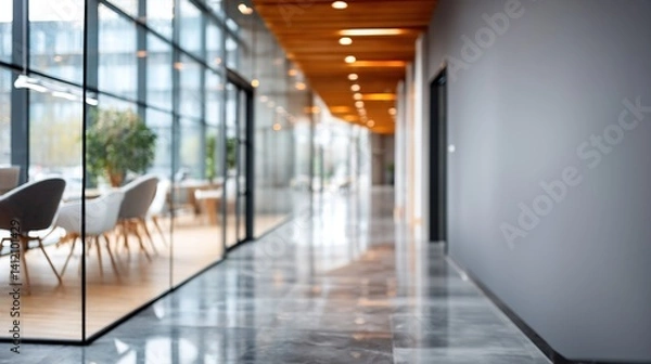 Fototapeta Abstract blurred office interior, workspace with defocus effect, business presentation background