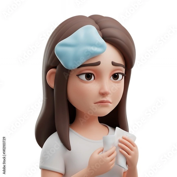 Fototapeta 3D Render of a Sick Girl with Ice Pack