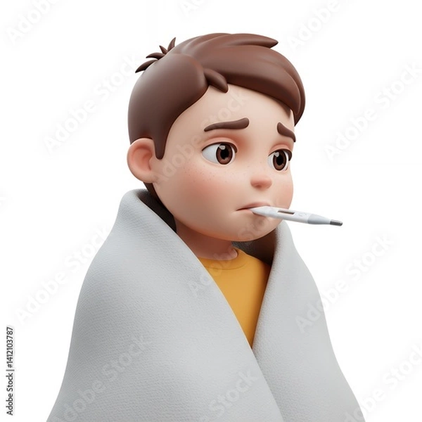 Fototapeta Sick Boy with Thermometer, 3D Render, Child Healthcare Illustration