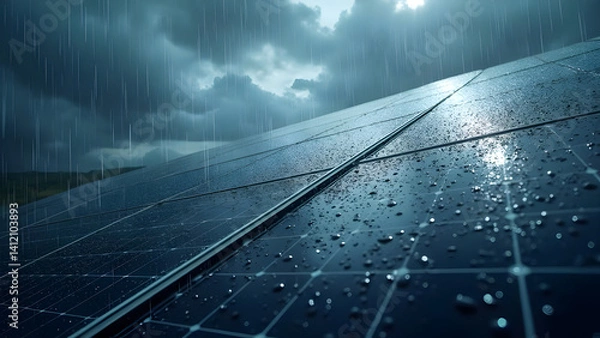 Fototapeta Solar Panels in Rain: Clean Energy in All Weather. Photovoltaic system collecting rainwater on a cloudy day. Sustainable power generation.