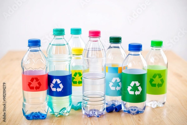 Fototapeta Recyclable Plastic Bottles, Several clear plastic bottles with different colored caps and recycling symbols on their labels, indicating they are intended for recycling.
