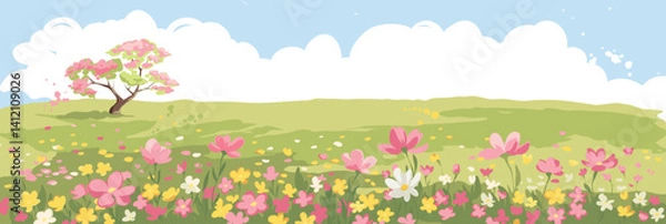 Fototapeta Blooming spring meadow. Spring landscape with fields and tree in bloom. Vector illustration in watercolor style. Hand drawn author's drawing.	