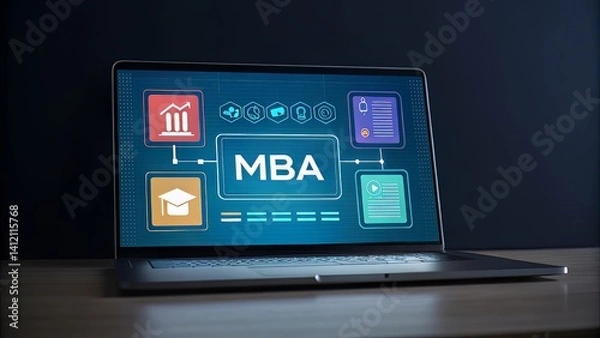 Fototapeta The path to advanced business education is represented through an illuminated MBA interface on a laptop screen.