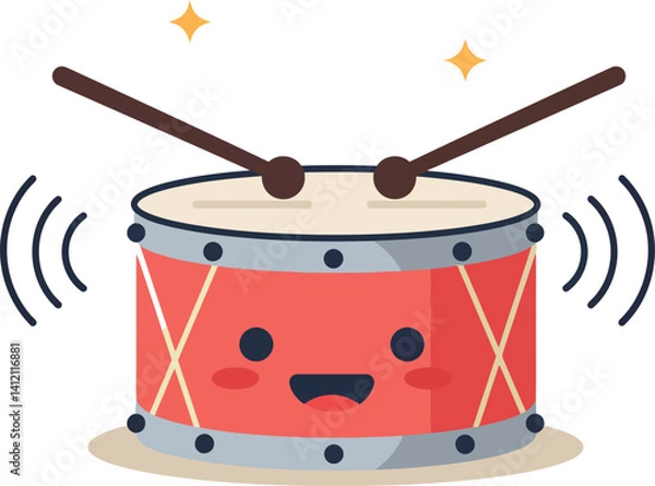 Fototapeta Cute red drum with smiling face and beating sticks in flat minimal vector illustration