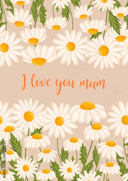 Fototapeta Mother's day greeting card. Seamless pattern for postcard or poster with daisies. Chamomile vector floral illustration for congratulations or decor etc. Festive template can add text.