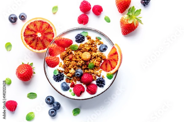 Fototapeta Granola with yogurt and fresh fruit. Organic gourmet muesli with ingredients, overhead flat lay shot on a white background with copy space