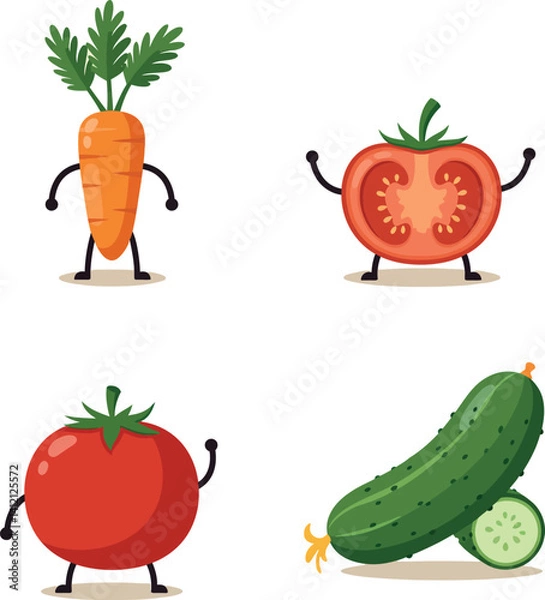 Fototapeta Cartoon vegetable characters with carrot tomato cucumber in minimal flat style vector illustration
