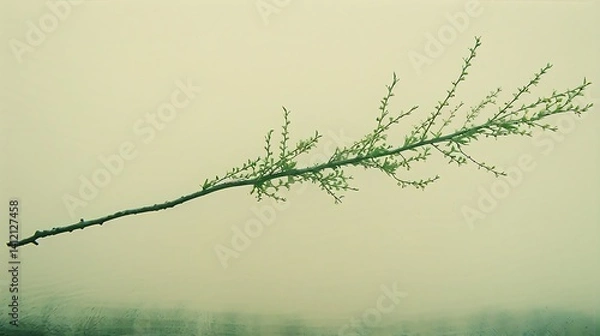Fototapeta Minimalist branch with fresh leaves against a calm, muted backdrop