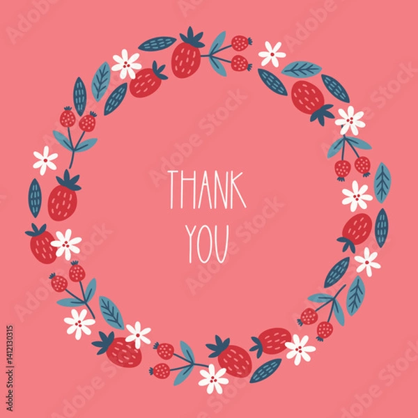 Obraz Floral greeting card with strawberries, flowers, berries, leaves on pink background. Perfect for spring holidays and decorations. Hand drawn frame, wreath