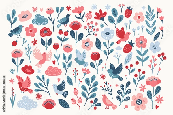 Obraz Floral set - birds, flower, berry, cloud, star, strawberry on white background. Perfect for spring greeting cards, decorations. Vector hand drawn illustration
