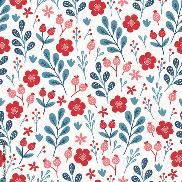 Obraz Floral seamless pattern with flowers, berries and leaves on white background. Perfect for wallpaper, gift paper, spring and summer greeting cards. Vector hand drawn illustration