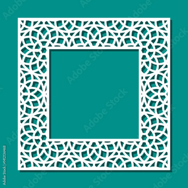 Fototapeta Square frame with geometric pattern. Border with linear ornament for mirror, card, photo. Template for plotter laser cutting of paper, fretwork, wood carving, metal engraving, cnc. Vector illustration