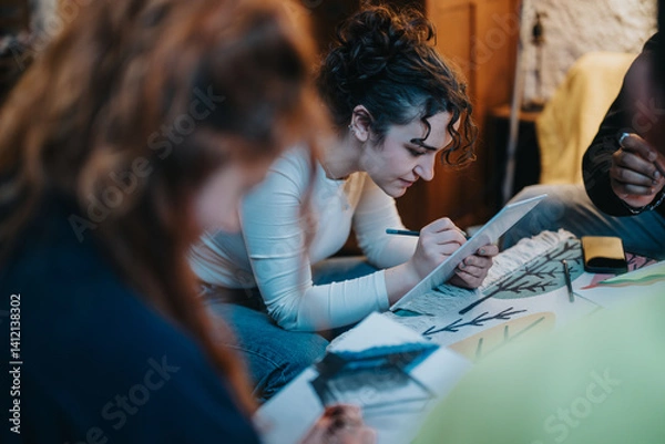 Fototapeta A group of people engaging in artistic activities, drawing and sketching on paper, fostering creativity and collaboration within a relaxed indoor environment.