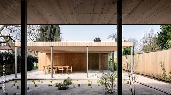 Fototapeta Modern Wooden House Exterior Design with Minimalist Garden and clean lines