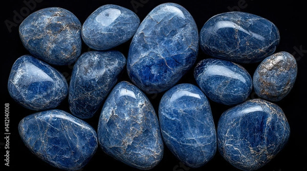 Fototapeta Shiny blue gemstones with marbled patterns and rounded shapes. Natural mineral texture displayed on a dark surface.