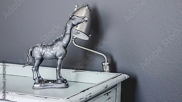 Fototapeta Ornamental horse figurine paired with a sleek modern lamp on a cabinet