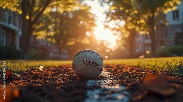 Obraz Baseball on base line, sunlight streaming through trees in quiet neighborhood scene