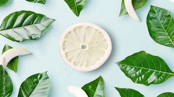Fototapeta Refreshing citrus slice with lush greenery on calming pastel background