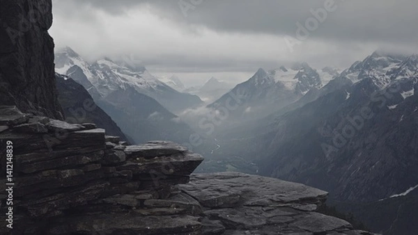 Fototapeta Breathtaking mountain range with dense forest and a clearing at the bottom.