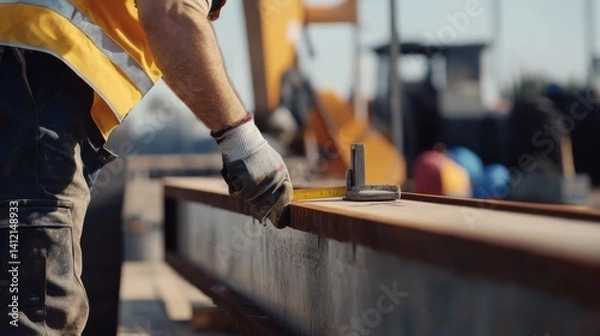 Fototapeta Construction worker measuring for steel beam placement at a site. Featuring precise measurements and construction planning