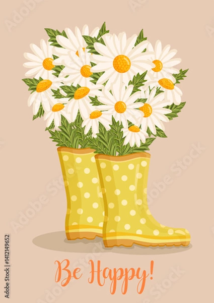 Fototapeta Bouquet of white chamomile flowers in yellow rain boots. Spring composition for Women's Day, Mother's Day, Valentine's Day and other holidays. Spring floral design isolated vector illustration.