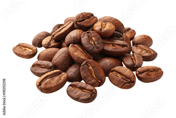Obraz A rich aroma of freshly roasted coffee beans, dark and inviting, ready to brew a delightful morning beverage against a clean white background.