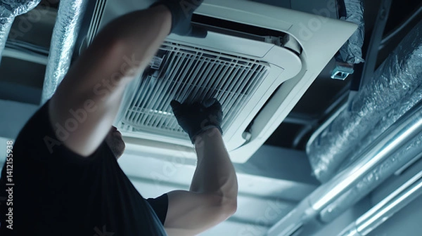 Fototapeta HVAC technician installing air conditioning system in commercial space. Featuring AC units and installation tools