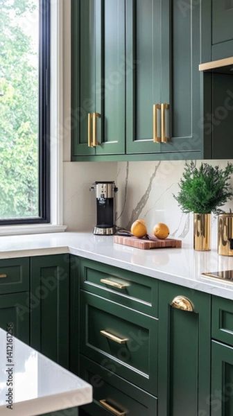 Fototapeta Modern kitchen with green cabinets, gold hardware, and white countertops, featuring coffee maker, cutting board, and natural light from window for stylish interior look.