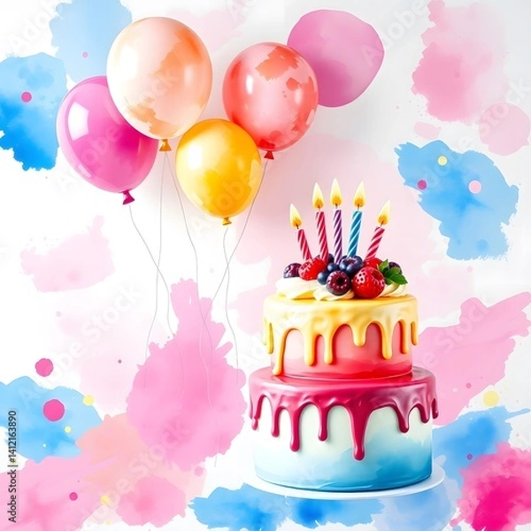 Obraz Pink Drip Cake with Balloons on Watercolor Splash Background