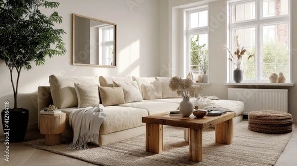 Fototapeta A minimalist living room with a large couch, a coffee table, a rug, a plant, and two large windows. The room is decorated in a neutral color palette with natural textures.