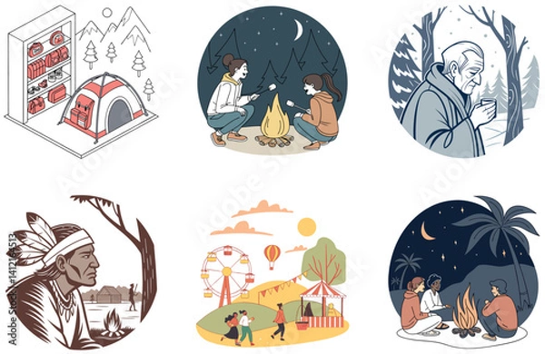 Fototapeta Camping Bundle. Native American Teepee View Collection Illustrations