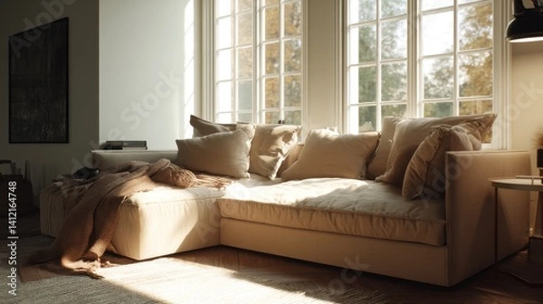 Fototapeta A spacious living room with comfortable sofa bathed in natural light from a large window. Soft pillows and a cozy blanket add to the inviting atmosphere