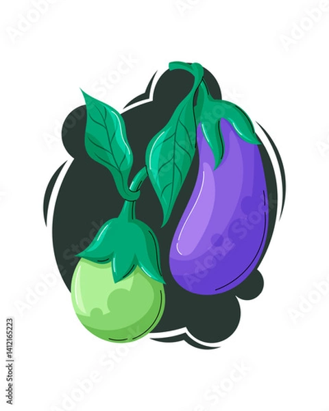 Fototapeta Cartoon vector illustration of vibrant eggplants with green tops on a dark abstract background. Bright, playful, and perfect for food or farm-themed designs.