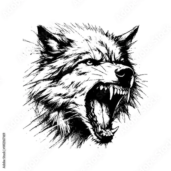 Obraz Black and white illustration of a fierce wolf's head with snarling expression